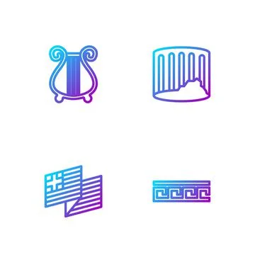 Set line Ancient Greek pattern, Greece national flag, lyre and column. Gradient Stock Illustration