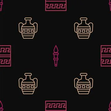 Set line Ancient Greek pattern, amphorae and Torch flame on seamless pattern Stock Illustration