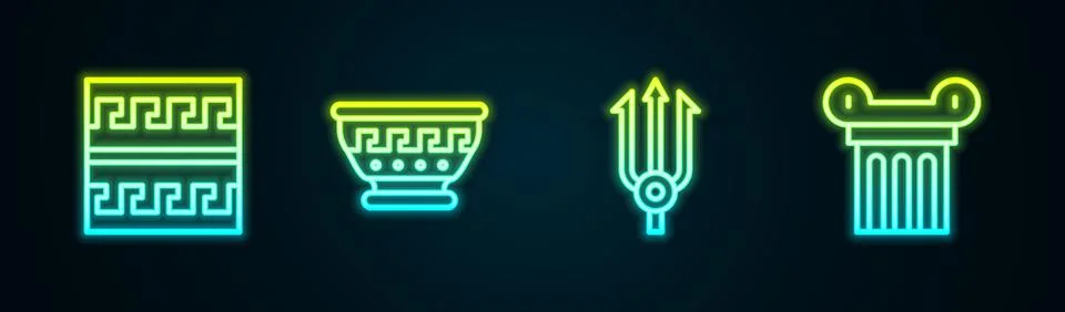 Set line Ancient Greek pattern, ancient bowl, Neptune Trident and column Stock Illustration