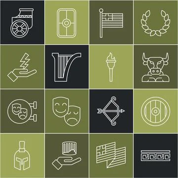 Set line Ancient Greek pattern, shield, Minotaur, Greece national flag, Harp イラスト素材