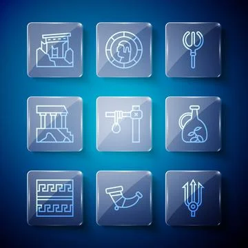 Set line Ancient Greek pattern, Hunting horn, Neptune Trident, Gallows 스톡 일러스트