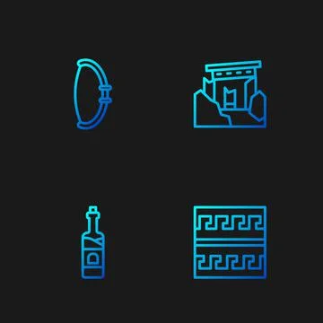 Set line Ancient Greek pattern, Bottle of wine, Medieval bow and ruins. Gradient Stock Illustration