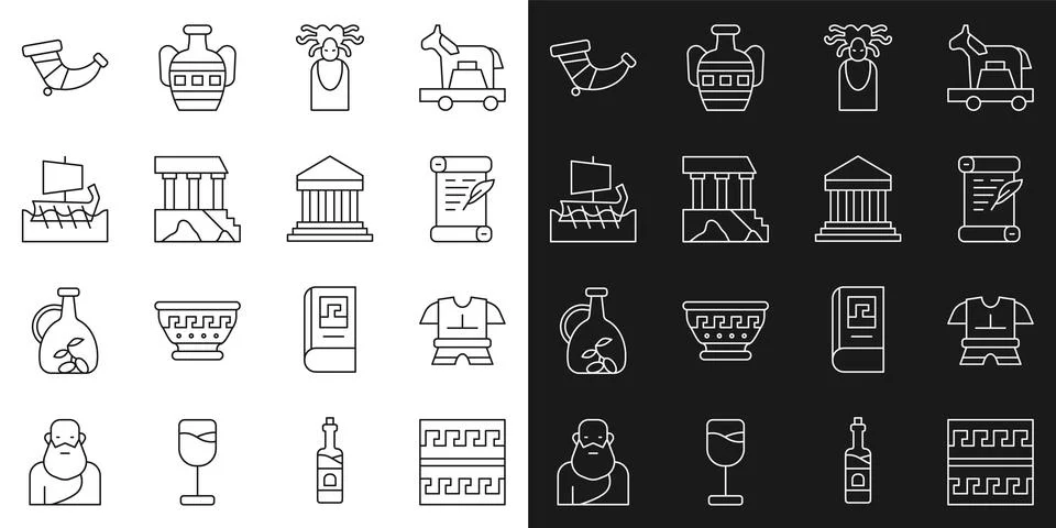 Set line Ancient Greek pattern, Body armor, Decree, parchment, scroll, Medusa Stock Illustration