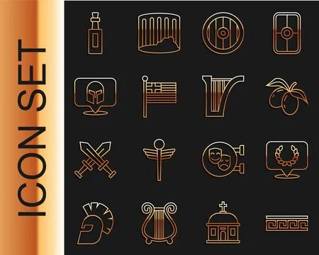 Set line Ancient Greek pattern, Laurel wreath, Olives branch, shield, Greece Stock Illustration