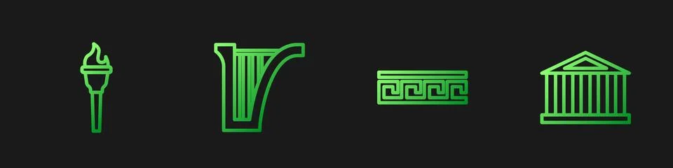 Set line Ancient Greek pattern, Torch flame, Harp and Parthenon. Gradient color Stock Illustration