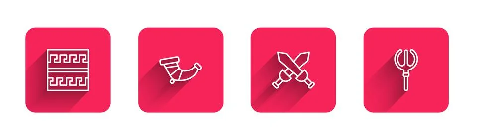 Set line Ancient Greek pattern, Hunting horn, Crossed medieval sword and Ne.. Stock Illustration