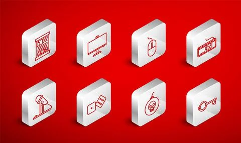 Set line Ancient key for game, Computer monitor, mouse, keyboard, Bomb ready Stock Illustration