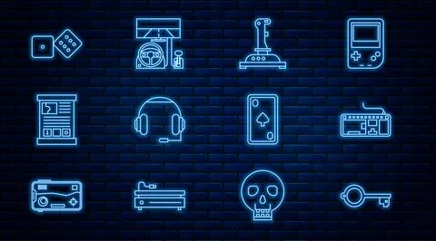Set line Ancient key for game, Computer keyboard, Joystick arcade machine Stock Illustration
