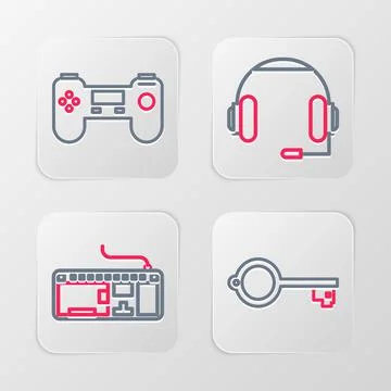 Set line Ancient key for game, Computer keyboard, Headphones and Gamepad icon Stock Illustration