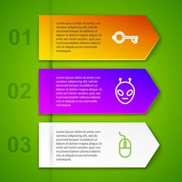 Set line Ancient key for game, Alien, Computer mouse and Mystery random box Stock Illustration