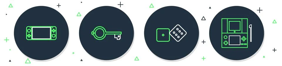 Set line Ancient key for game, Game dice, Portable video console and  icon... Stock Illustration
