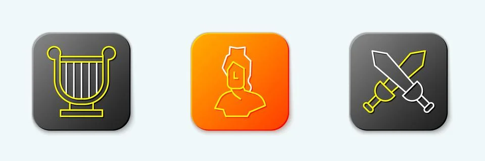 Set line Ancient lyre, bust sculpture and Crossed medieval sword icon. Vector Stock Illustration