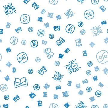 Set line Ancient magic book, Spider and Yin Yang on seamless pattern. Vector Illustrazione stock