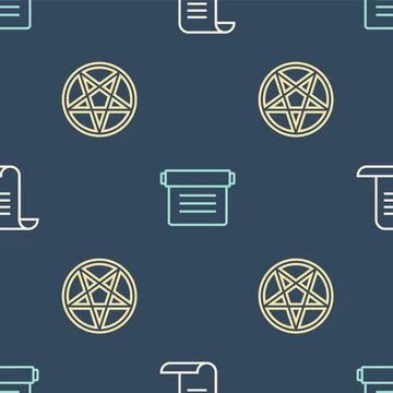 Set line Ancient magic book, Pentagram in circle and on seamless pattern. Vector Stock Illustration