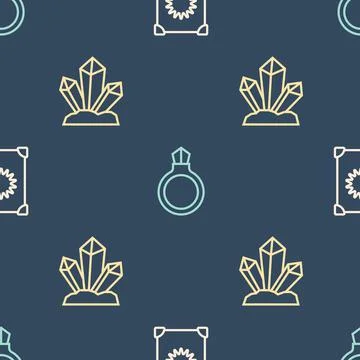 Set line Ancient magic book, Magic stone and ring with gem on seamless pattern Illustrazione stock