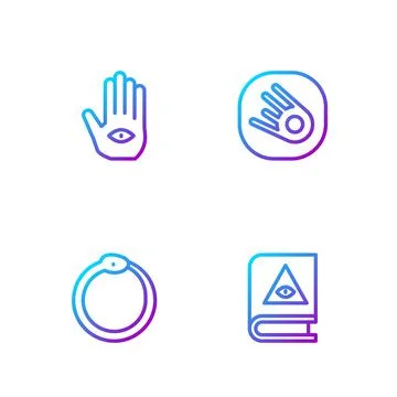 Set line Ancient magic book, Ouroboros, Hamsa hand and Comet falling down fast Stock Illustration