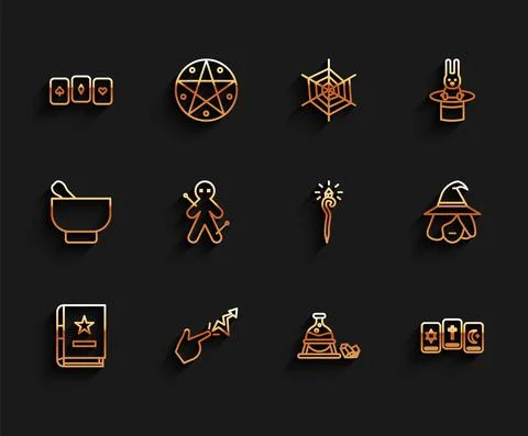 Set line Ancient magic book, Spell, Playing cards, Witch cauldron and stone Stock Illustration