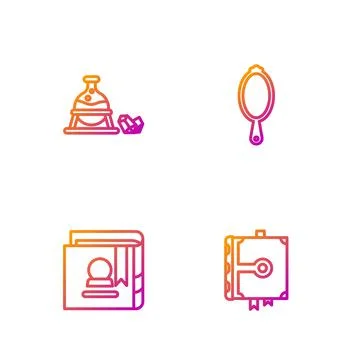 Set line Ancient magic book, , Witch cauldron and stone and Magic hand mirror Ilustração Stock