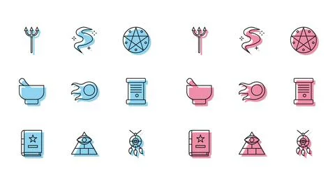Set line Ancient magic book, Masons, Neptune Trident, Dream catcher with 스톡 일러스트
