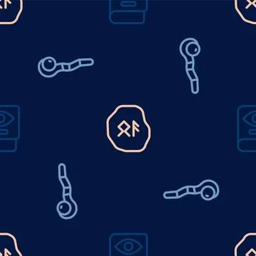 Set line Ancient magic book, Magic staff and runes on seamless pattern. Vector イラスト素材