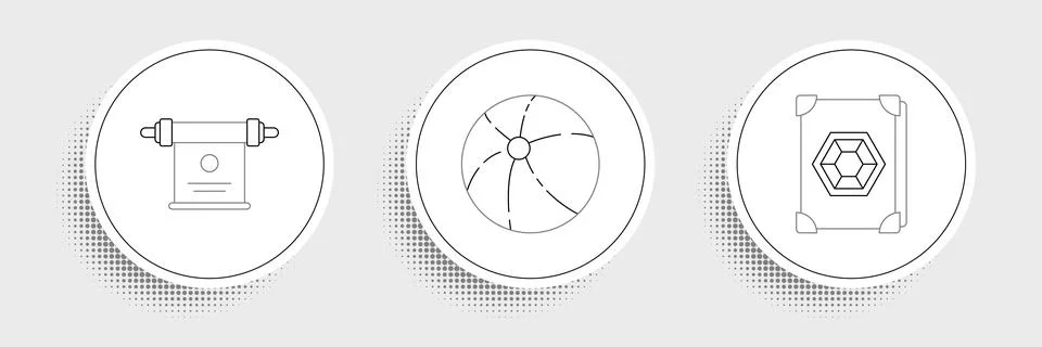 Set line Ancient magic book, Magic scroll and Beach ball icon. Vector Illustrazione stock