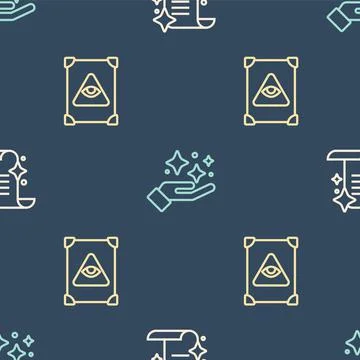 Set line Ancient magic book, and Sparkle stars with trick on seamless pattern Stock Illustration