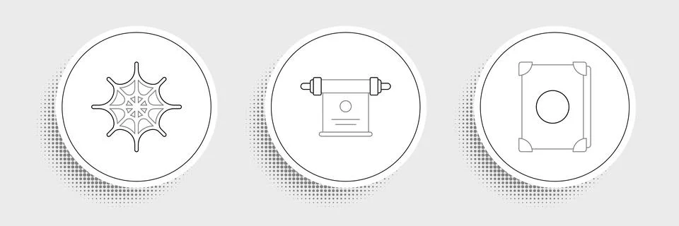 Set line Ancient magic book, Spider web and Magic scroll icon. Vector Stock Illustration