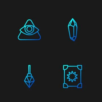Set line Ancient magic book, Magic stone, All-seeing eye of God and . Gradient Ilustração Stock