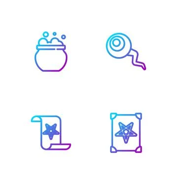 Set line Ancient magic book, , Witch cauldron and Eye. Gradient color icons Ilustração Stock