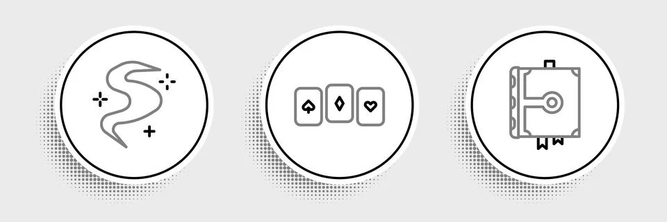 Set line Ancient magic book, Magic fog or smoke and Playing cards icon. Vector Ilustración de archivo