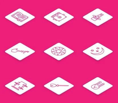 Set line Ancient magic book, Magician hat and rabbit, Spell, Pentagram in circle Ilustração Stock