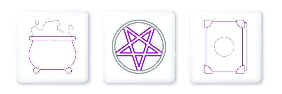 Set line Ancient magic book, Witch cauldron and Pentagram in circle icon. Vector Stock Illustration
