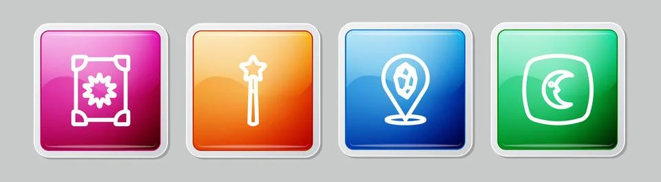 Set line Ancient magic book, Magic wand, stone and Moon stars. Colorful square Ilustração Stock