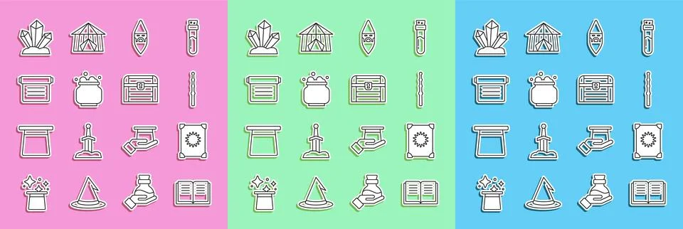 Set line Ancient magic book, Magic wand, Wizard warlock, Witch cauldron, stone Stock Illustration