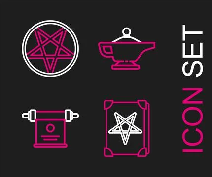 Set line Ancient magic book, Magic scroll, lamp or Aladdin and Pentagram circle Stock Illustration