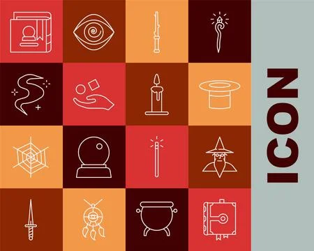 Set line Ancient magic book, Wizard warlock, Magician hat, wand, Cube levit.. Illustrazione stock