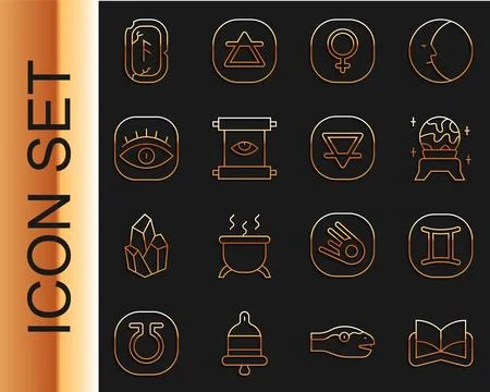 Set line Ancient magic book, Gemini zodiac, Magic ball, Venus, scroll, Maso.. Stock Illustration