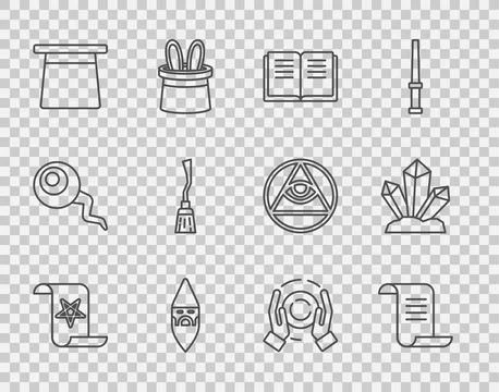 Set line Ancient magic book, Wizard warlock, Magic hat, Witches broom, ball.. Stock Illustration