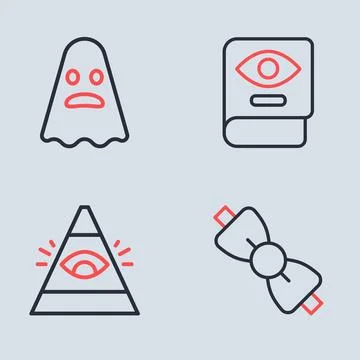 Set line Ancient magic book, All-seeing eye of God, Bow tie and Ghost icon... Ilustração Stock