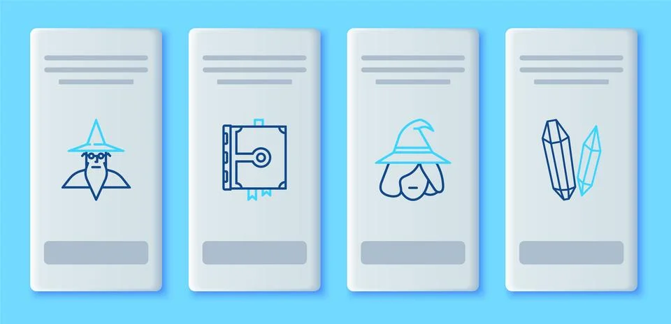 Set line Ancient magic book, Witch, Wizard warlock and Magic stone icon. Vect Stock Illustration