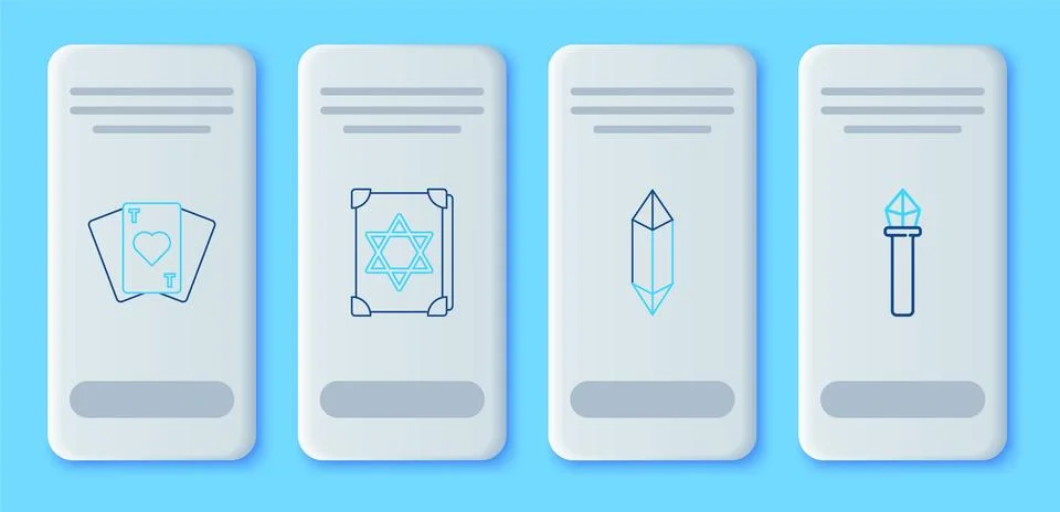 Set line Ancient magic book, Magic stone, Playing cards and staff icon. Vecto Stock Illustration