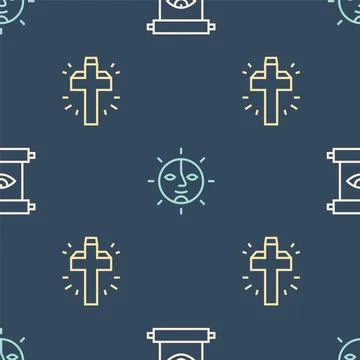 Set line Ancient magic scroll, Christian cross and Sun on seamless pattern... Stock Illustration