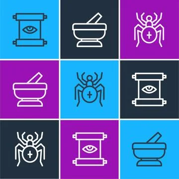 Set line Ancient magic scroll, Spider and Mortar and pestle icon. Vector Illustrazione stock