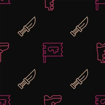 Set line Ancient viking boots, Dagger and Viking flag on seamless pattern. .. Stock Illustration