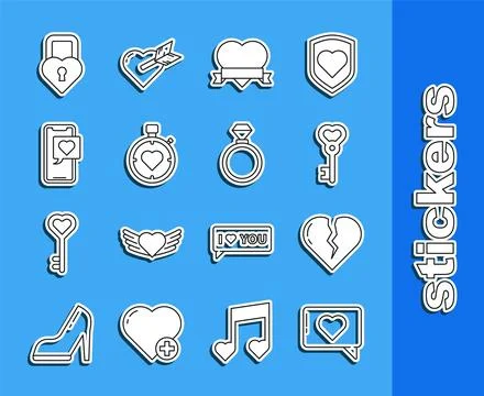 Set line Like and heart, Broken or divorce, Key in shape, Heart ribbon, the.. Stock Illustration