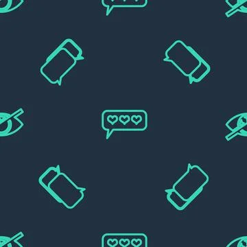 Set line Like and heart, Chat and Invisible or hide on seamless pattern. Vector Illustrazione stock