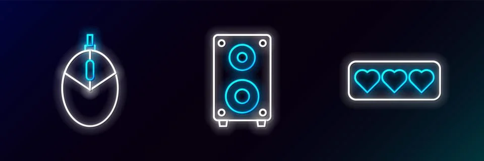 Set line Like and heart, Computer mouse gaming and Stereo speaker icon. Glowing Stock Illustration