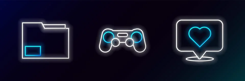 Set line Like and heart, Document folder and Gamepad icon. Glowing neon. Vect Stock Illustration