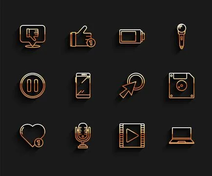 Set line Like and heart Microphone Dislike in speech bubble Play Video Laptop Ilustração Stock