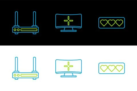Set line Like and heart, Router wi-fi signal and Computer monitor icon. Vecto Stock Illustration